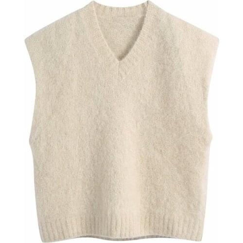 Evfer Women Casual V-Neck Woolen Khika Za Soft Sweaters Female Fashion Sleeveless Knitted Autumn Pullover Vest Chic Girl Jumpers