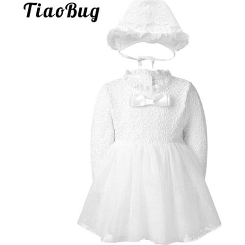 TiaoBug Infant Baby Long Sleeves Lace Embroidery Tulle Romper Flower Girl Dress with Cap for Birthday Christening Baptism Party
