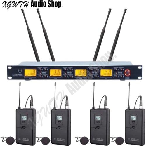 UHF Wireless Microphone System 4 Lavalier Lapel Collar Clip-on Headset Mic 1 Wireless Receiver Cable LCD Display For Karaoke