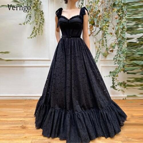 Verngo New 2021 Modern A Line Black Full Lace Evening Dresses 2021 Velour Tie Bow Shoulder Fitted Corset Long Formal Gowns