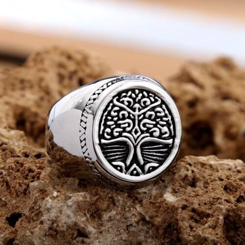 Viking Tree of Life Ring High Polished Stainless Steel Mens Signet Rings Fashion Punk Biker Ring Nordic Amulet Yggdrasil Jewelry