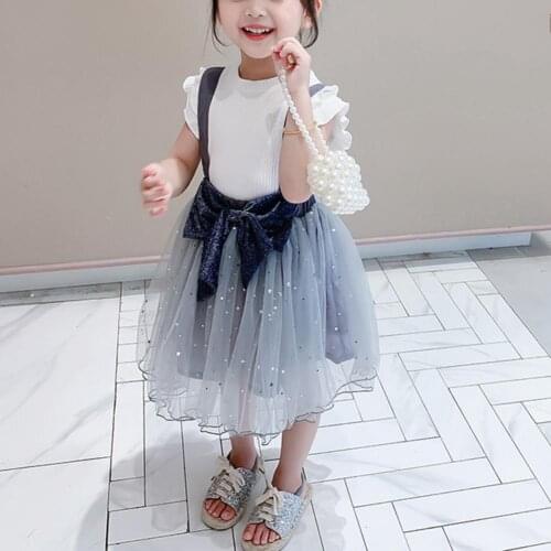 2Pcs/Set Girls Sweet Summer Suspender Skirt Kids Solid Color Tops Bow Knot Net Yarn Fluffy Skirt Set Girls Casual Dresses