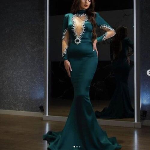 Green prom dresses 2021 keyhole long sleeve crystal mermaid satin floor length evening dresses gowns