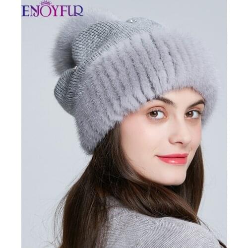 ENJOYFUR Winter Mink Fur Hats For Women Slouchy Wool Hats With Fox Fur PomPom Caps New Style Girls beanies Fashion Winter Hat