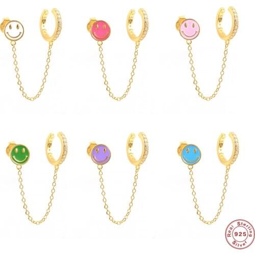 Aide 925 Sterling Silver Colorful Enamel Smiley Face Stud Earrings 2021 Trend Dripping Oil Zircon Chain Earrings Cartilage Clip