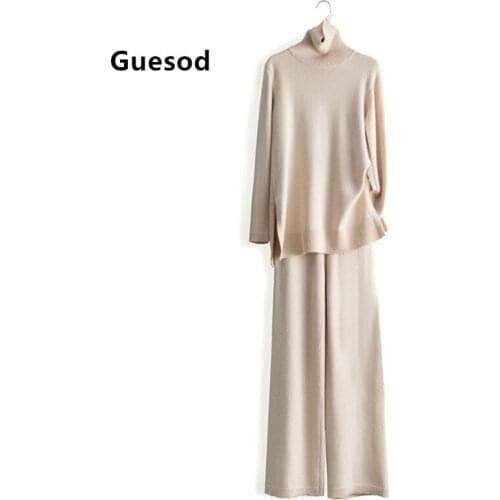 Women Cashmere Set 2019 New Arrival High Quality Autumn Winter Knitting Set Elegant Slim Wide Leg Pants Suit Two Piece Suit