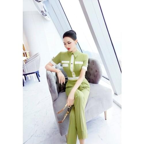 New summer office lady brand female women girls short sleeve thin green patchwork jumpsuits clothing