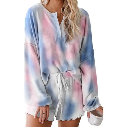 Two-piece Suit Women Long Sleeve Blouse Drawstring Shorts Homewear Loungewear Set Outfits