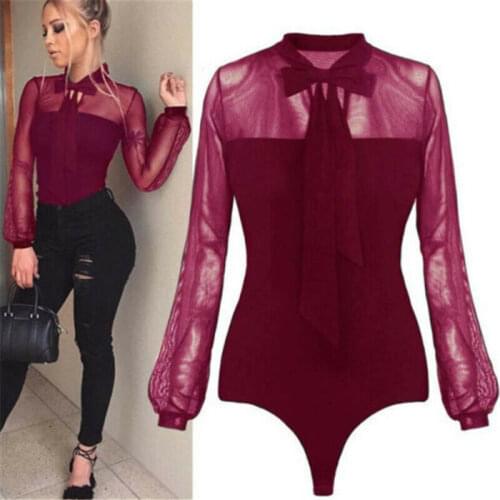 Women Bodysuit Stretch Leotard Body Top Long Sleeve Bodysuits Tops Black Red shirt Jumpsuit Women Clothes