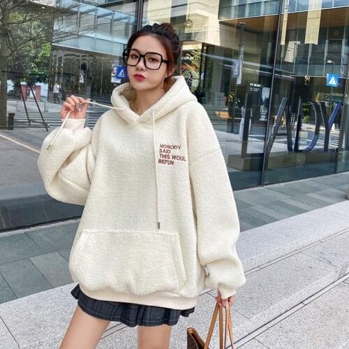 Ladies Thickening Solid Color Letter Printed Pullover Coat Autumn Winter Long-sleeve Drawstring Pocket Hoodies Sweatshirt