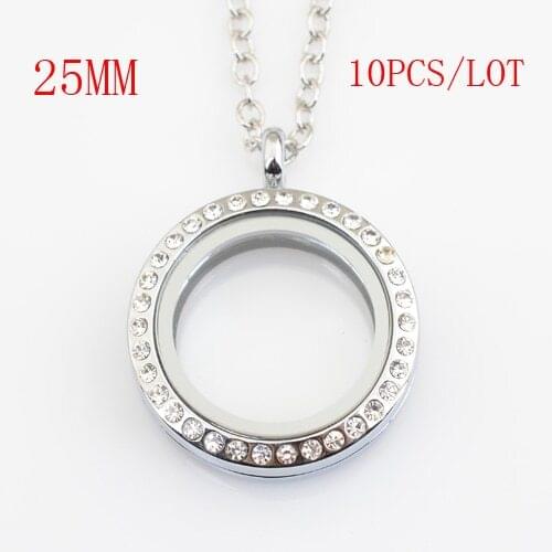 10PCS/LOT,25mm round magnetic floating lockets with rhinestones,with free 50-55cm chain FN1008