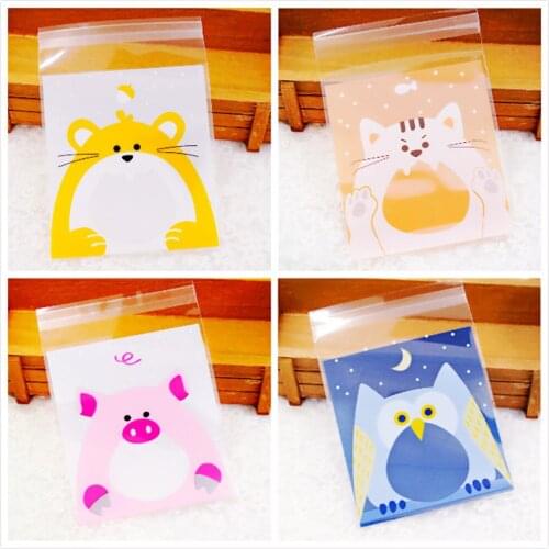 100PC 7x7cm Cute Animals Candy Cake Biscuits Cookies Packaging Bags Self-adhesive Plastic Gifts Bags Party Birthday Snack Baking