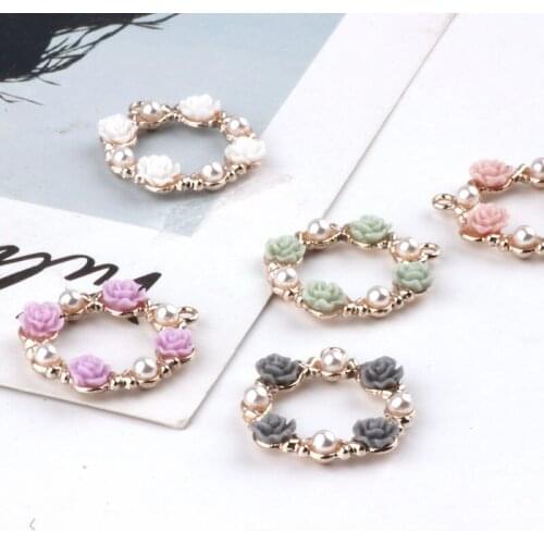 20PCs/Lot Colorful Resin Flowers Decorated Round Alloy Jewelry Charms DIY Ornament Accessory GOld Tone Plated Floral Charm Craft