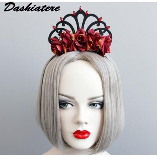 Baroque Retro Burgundy Rose Queen Crown Flower Tiara Headband Bridal Headdress Women Accessories for Dinner Party Birthday