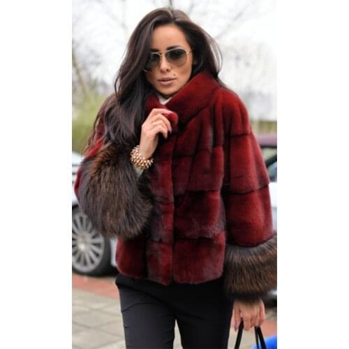 BFFUR 2020 Women Real Mink Fur Coat With Fox Fur Cuff Female Winter Natrual Fur Coat Striped Fashionable Luxurious Outfit