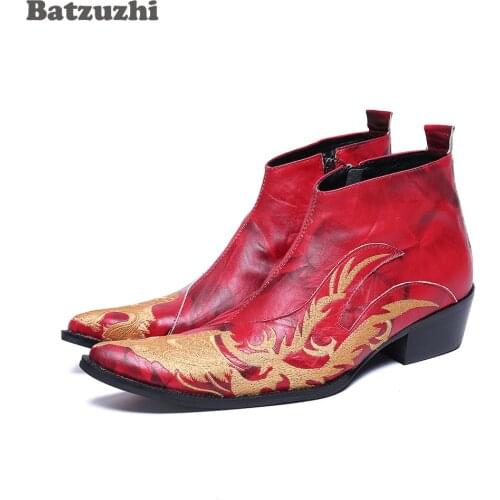 Batzuzhi 6.5cm Heels High Men Boots Shoes Fashion Handmade Leather Ankle Boots Men Red Party and Wedding Boots for Men Botas
