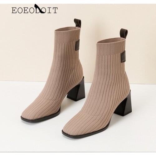 EOEODOIT Autumn Square Toe Women Shoes Boots Square Toe Knit Fabric High Heels Booties Slip On Calf Shoes 7 cm