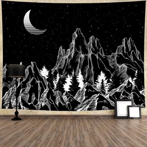 Mountain Moon Forest Trees Tapestry Starry Night Sky Black and White Wall Hanging