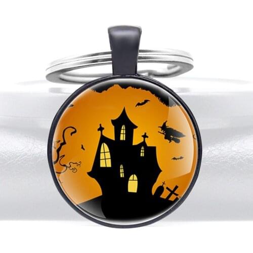 Black Classic Witch Horror House Design Glass Dome Metal Key Chain Charm Men Women Key Ring Halloween Jewelry Gifts Keychains