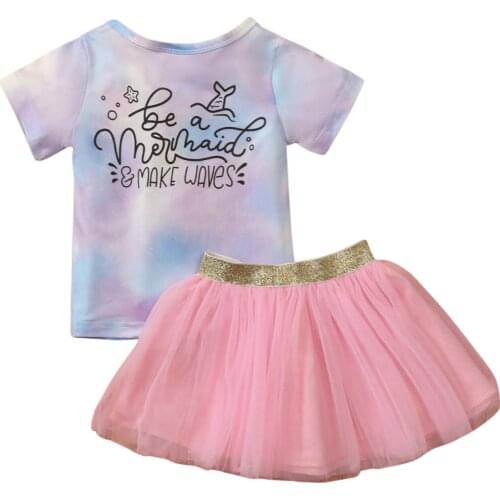Baby Tie-dye Short Sleeve + Mesh Skirt Elastic Waist Sequin Decoration Little Princess Summer Clothing