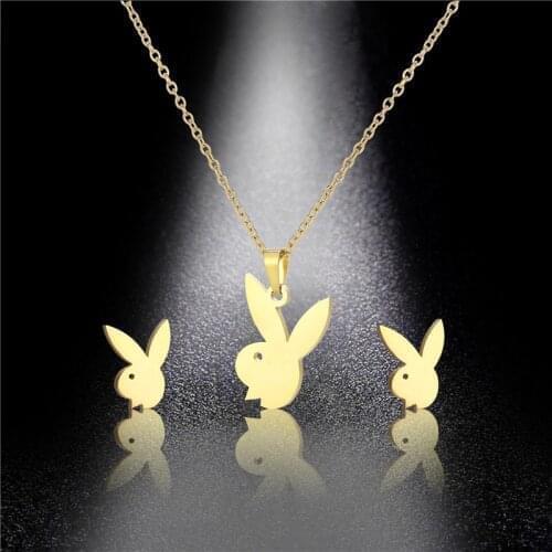 European And American Simple Hollow Rabbit Ear Stud Necklace Set Womens Stainless Steel Necklace Jewelry 2 Sets