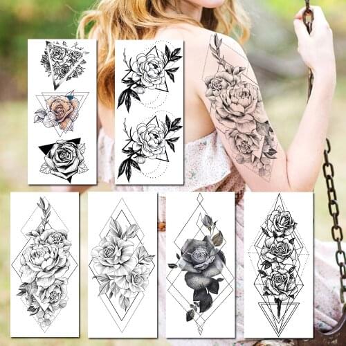 Geometric Lotus Rose Tatoos Sticker Realsitic Fake Black Flower Temporary Tattoos Beautiful Waterproof Body Art Tatoos For Women