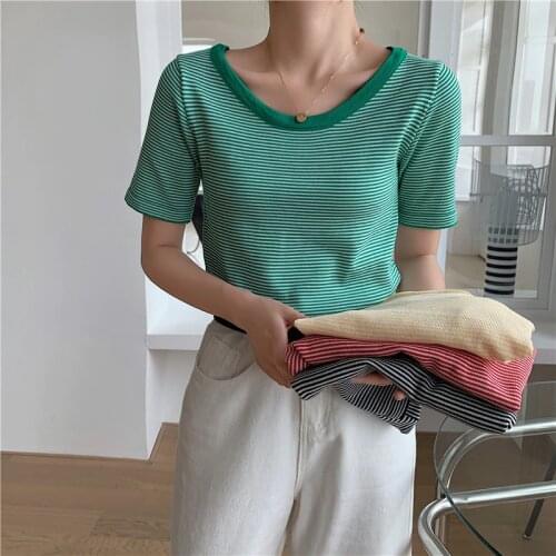 GGRIGHT Crop Tops Women 2021 Summer Vintage Cotton T Shirt Womens Green Stripes T-shirts Woman Korean Sexy Slim Tee Shirt Femme