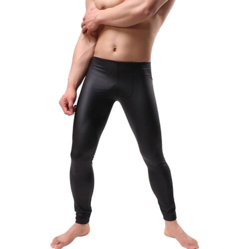 Mens Workout Fitness Compression Leggings PU Leather Pants Bottom Men Bodybuilding Skin Tights Trousers Dance