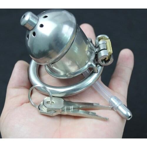Small Chastity Cage with Urethral Catheter Stainless Steel Penis Bondage Device Male Chastity Devices Cock Cages for Men G182