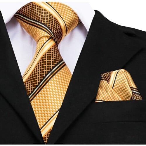 GP-002 Mens Tie Luxury Yellow Gold Striped Silk Jacquard Necktie Hanky Cufflinks Set Business Wedding Ties For Men Gravata