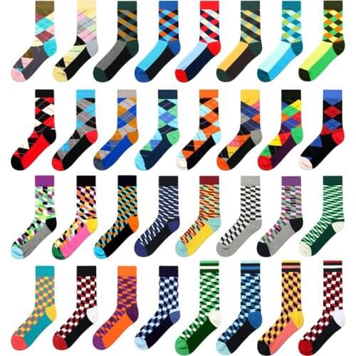 Peonfly Quality Brand Mens Happy 27colors Striped Plaid Diamond Cherry Socks Men Combed Cotton Calcetines Largos Hombre