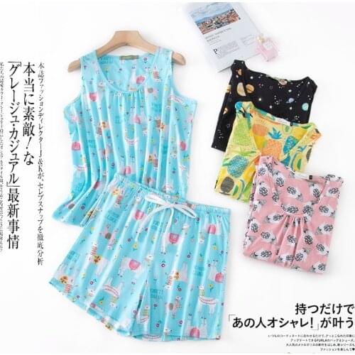 Summer Women Vest Pajama Suit Sweet and Lovely Sleeveless Shorts Sleepwear Cotton Plus Size Print Pajamas 2 Piece Lounge Wear