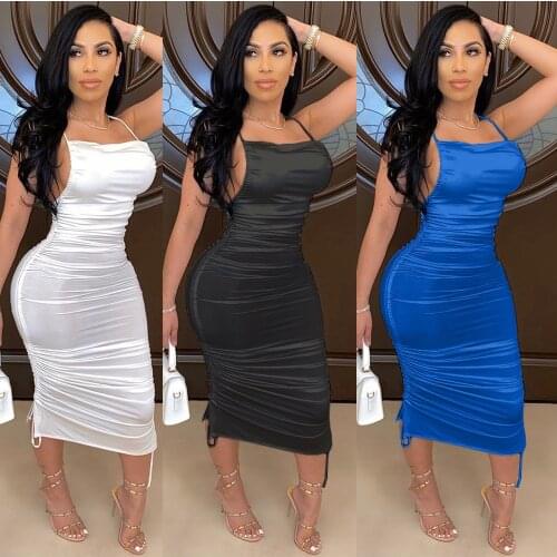Echoine Strap Sleeveless Lace Up Backless Midi Dress Black Elegant Party Club Skinny Pleated Stacked Summer Dresses Vestidos