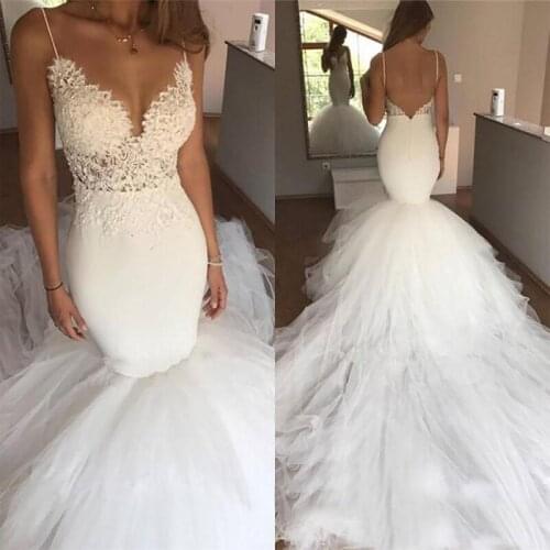 Spaghetti Straps Mermaid Wedding Dresses robe de mariee V-Neck Low Back Lace Tulle Wedding Dress Bridal Gowns vestidos de noiva