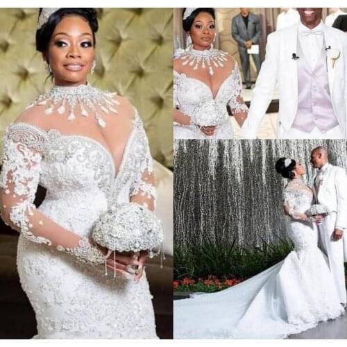Plus Size African Mermaid Wedding Dresses African Arabic High Neck Long Sleeve Lace Beadings Court Train Luxury Bridal Gowns