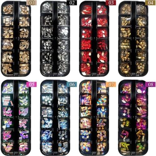 Swarovsky 12 Grids Nail Art Rhinestone Set Mixed Shape Crystal Non Hotfix Glass Diamond Sapphire Fancy Nail Decoration