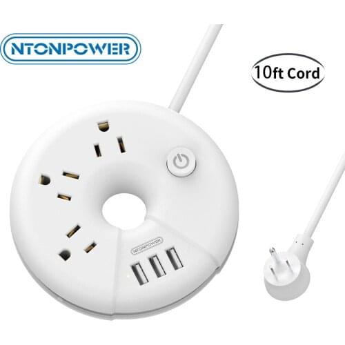 NTONPOWER Travel USB Power Strip with Flat Plug US Plug with 10ft Extension Cord Desktop Charging Station for Nightstand Home