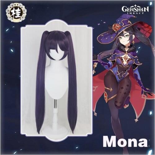 UWOWO Game Genshin Impact Mona Megistus Cosplay Wig Astral Reflection 90cm Purple Twin Tail Wig