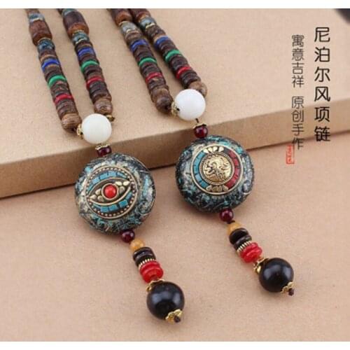 Vintage Ethnic Style TowerNepal Sky Eye Wooden Bead Pendants & Necklaces Statement Nepal Necklace Women Men Jewelry