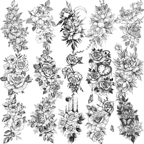 3D Black Small Lily Rose Flower Temporary Tattoos For Women Adult Peony Moon Butterfly Pendant Fake Tattoo Neck Arm Hands Tatoos