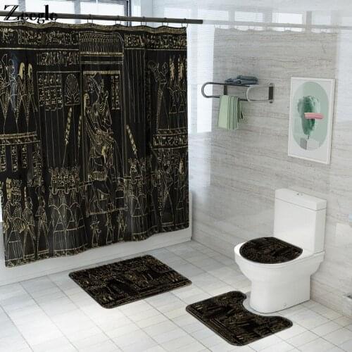 Shower Curtain Polyester with Bathroom Mat Set 4PCS Printing Egyptian Mural Shower Curtain Set Bathroom Anti-Slip Carpet Set