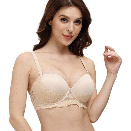 YANDW Women Lace Bras Sexy Push Up Lingerie Padded Underwire Silicone Straps Adjusted Strapless Halter Everyday Bras