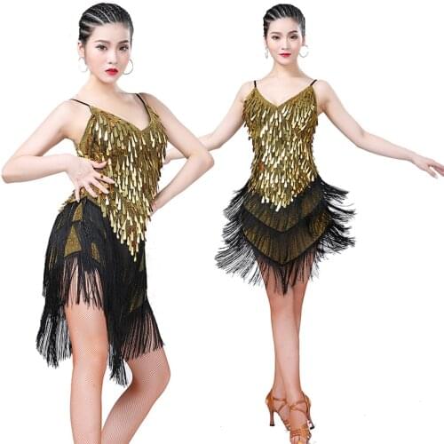 Ladies Latin Dance Dress 1920s Flapper Dresses Charleston Gatsby Party Halloween Tassel Fringes Sequin Dancing Competition
