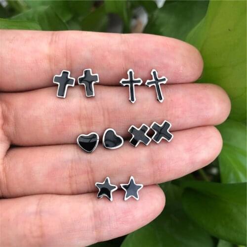 2021 Stainless Steel Cross Heart Star Earrings Black Color Earrings Studs for Women Handmade Earrings Jewelry Gift Set Male