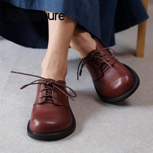 Johnature Lace-Up Flats Women Shoes Genuine Leather 2021 New Spring/Autumn Handmade Retro Concise Shallow Leisure Ladies Shoes