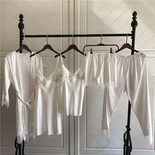 Female 5 PCS Pajamas Suit V-neck Backless Lace Strap Top&Shorts White Sleepwear Solid Satin Casual Home Wear With Belt M-XL
