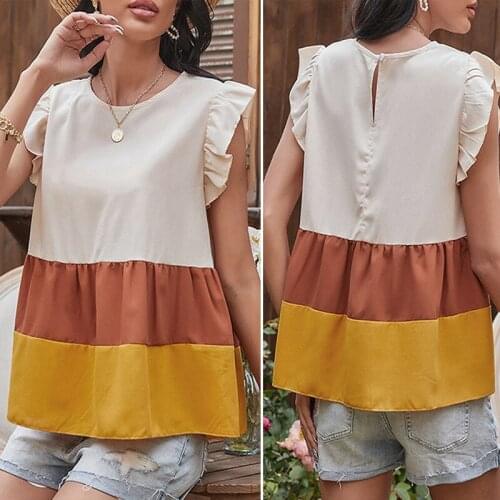 Womens Tops Three-Color Stitching Round Neck Loose Babydoll Sleeveless T-Shirt