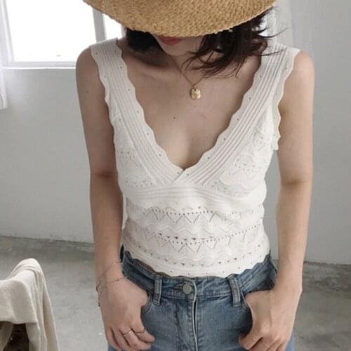 Women Crop Top Sexy Hollow Out V-Neck Tank Top Summer Knitted Sleeveless Beachwear