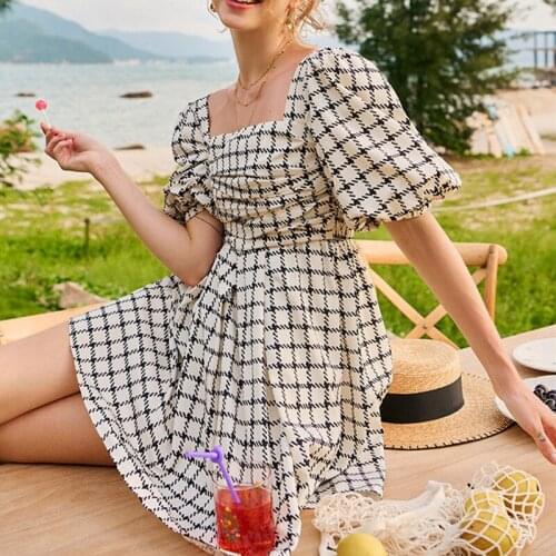 Plaid Print Women Princess Mini Dress Waist Slim 2021 Spring Summer Puff Sleeve Pleated Short Dresses Square Collar Robe