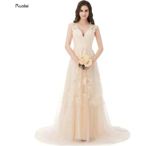 Hot Sale Real Photo Champagne Lace Wedding Dress 2017 Appliques Cap Sleeves Sheer Back Bridal Gown Wedding Gown Custom Made